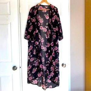 Sheer Floral Waterfall Hem Bell Sleeve Kimono
